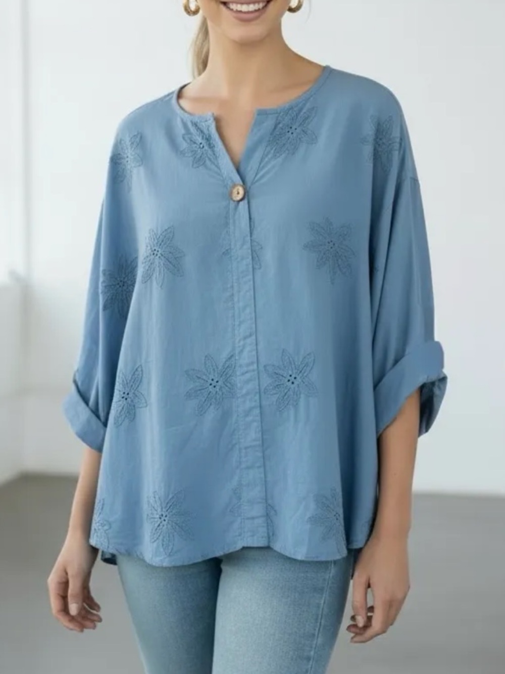 MADE IN ITALY COTTON Embroidered Floral Button-Front Women's Top